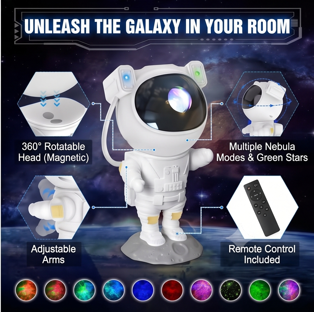 Astronaut Galaxy Projector Night Light – 360° Rotating Nebula Star Projector with Remote Control, Timer & Adjustable Head – LED Space Lamp for Kids’ Bedroom, Gaming Room, Home & Party Décor